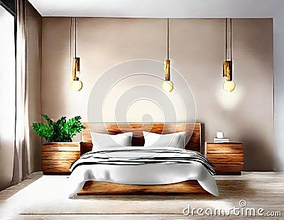 Watercolor of Contemporary wooden pendant light in spacious bedroom with wall Stock Photo