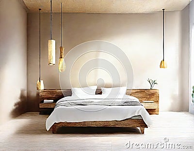 Watercolor of Contemporary wooden pendant light in spacious bedroom with wall Stock Photo