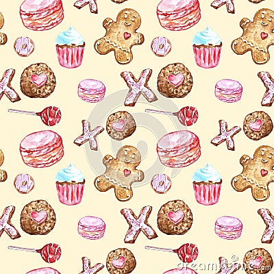 Watercolor cookies, cupcakes, lollipop, macaron, gingerbread seamless pattern on warm yellow background Stock Photo