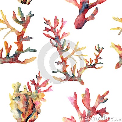 Watercolor coral seamless pattern. Hand painted ornament with underwater branches isolated on white background. Tropical Cartoon Illustration