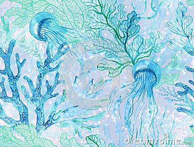 Watercolor corals. Seamless pattern Cartoon Illustration