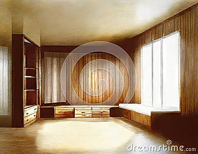 Watercolor of Corner area of wooden master bedroom with a Stock Photo