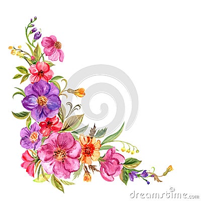 Watercolor corner ornament of bright flowers Stock Photo