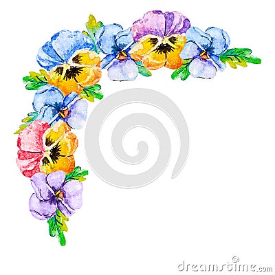 Watercolor corner with spring flowers pansies. Flower frame with floral corners and blank center for custom text. For birthday Stock Photo