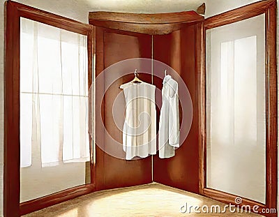 Watercolor of Corner of a wooden master bedroom featuring a Stock Photo