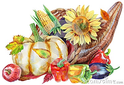 Watercolor cornucopia filled with vegetables and fruits on white background Cartoon Illustration