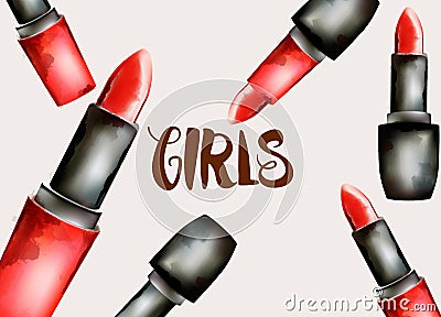 Watercolor cosmetic red lipstick with girl text Vector Illustration