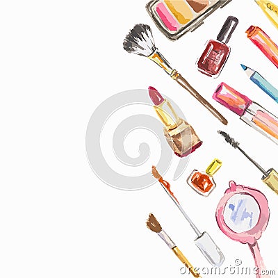 Watercolor cosmetics set. Vector Illustration