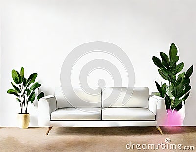 Watercolor of Couch clean minimalistic white sofa interior design Stock Photo
