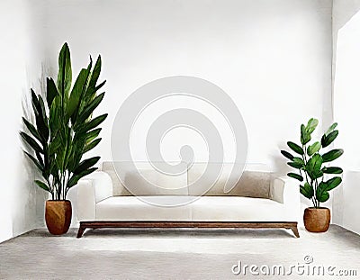 Watercolor of Couch clean minimalistic white sofa interior design Stock Photo