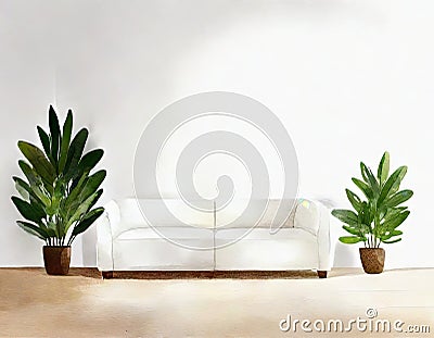 Watercolor of Couch clean minimalistic white sofa interior design Stock Photo