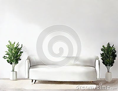 Watercolor of Couch clean minimalistic white sofa interior design Stock Photo