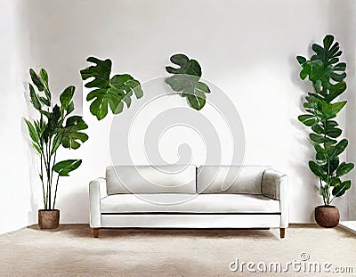 Watercolor of Couch clean minimalistic white sofa interior design Stock Photo