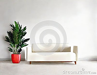 Watercolor of Couch clean minimalistic white sofa interior design Stock Photo