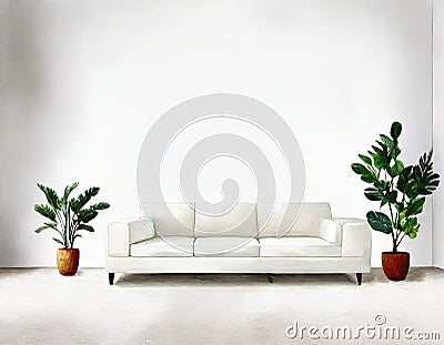 Watercolor of Couch clean minimalistic white sofa interior design Stock Photo