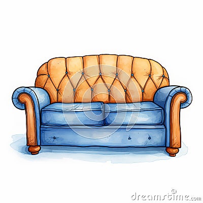 Watercolor Orange Couch On White Background With Detailed Character Illustrations Cartoon Illustration
