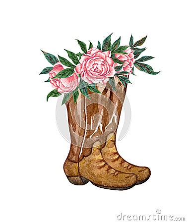 Watercolor country boots with red flowers and greenery, illustration isolated on white background. Rustic wedding Cartoon Illustration