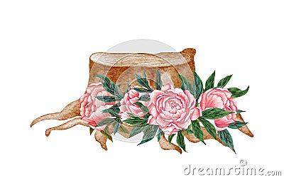 Watercolor country wooden log with red flowers and greenery, illustration isolated on white background. Rustic wedding Cartoon Illustration