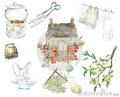 Watercolor country summer time set. Hand drawn working tools. Rustic cottage collection. Cartoon Illustration