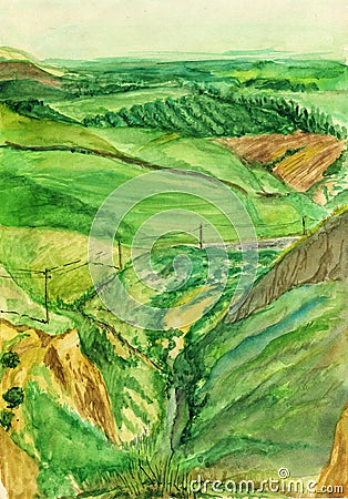 Watercolor countryside landscape with green hills and fields in summer Stock Photo