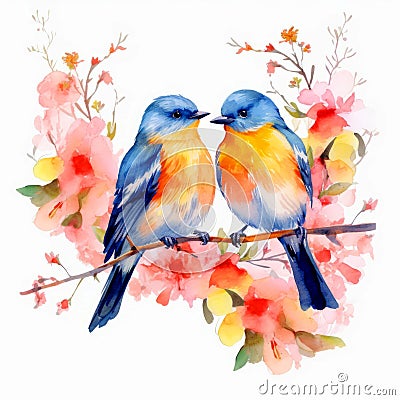 Watercolor Couple of bird on a branch with Blossom flower isolated on White Background Stock Photo