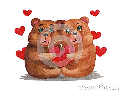 Watercolor couple of cute bears for Valentine's day Cartoon Illustration