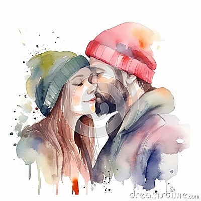 Watercolor Couple in Love for Valentine's Day. Perfect for Greeting Cards and Invitations. Stock Photo