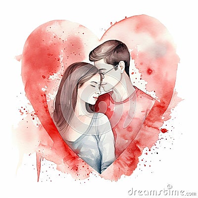 Watercolor Couple in Love for Valentine's Day. Perfect for Greeting Cards and Scrapbooking. Stock Photo