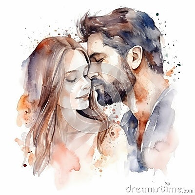 Watercolor Couple in Love for Valentine's Day. Perfect for Greeting Cards and Scrapbooking. Stock Photo