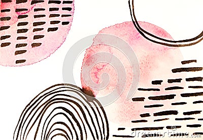 Watercolor cover template in memphis, noetic style. Pink and black elements on white Stock Photo