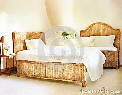 Watercolor of A cozy Bedroom with a wicker headboard and chintz Stock Photo