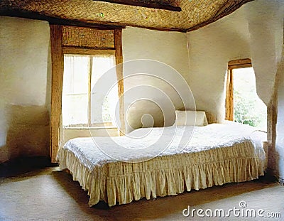 Watercolor of A cozy Bedroom with a wicker headboard and chintz Stock Photo