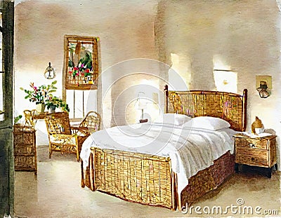 Watercolor of A cozy Bedroom with a wicker headboard and chintz Stock Photo