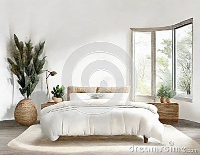 Watercolor of cozy modern farmhouse with plush comforter and minimalist created with Stock Photo