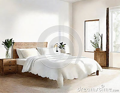 Watercolor of cozy modern farmhouse with plush comforter and minimalist created with Stock Photo