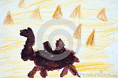 Watercolor and crayon camel in desert. Like kids drawn flat doodle simple image. Watercolor hand drawing, child painting Stock Photo