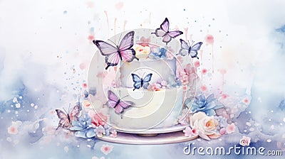 Watercolor cream cake decorated with butterflies and flowers on pastel blue background with aquarelle splashes and Stock Photo