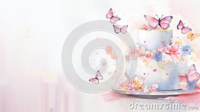 Watercolor cream cake decorated with butterflies and flowers on white background with aquarelle splashes and stains Stock Photo