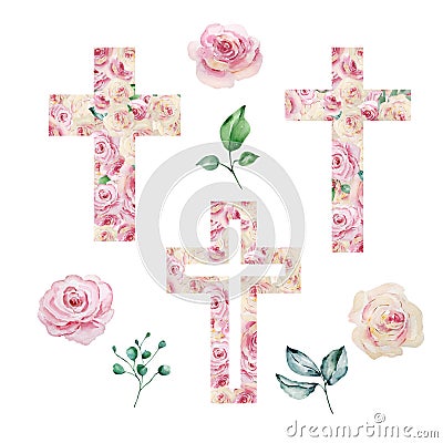 Watercolor crosses decorated with roses, Easter religious symbol Vector Illustration