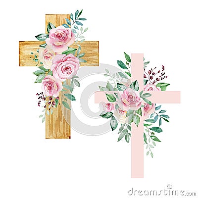 Watercolor crosses decorated with roses, Easter religious symbol Vector Illustration