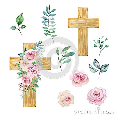 Watercolor crosses decorated with roses, Easter religious symbol Vector Illustration