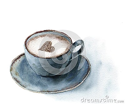 Watercolor cup of cappuccino with cinnamon heart decor. Food illustration with blue cup of coffee on white background Cartoon Illustration