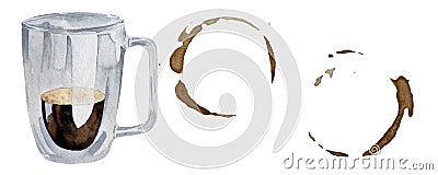 Watercolor cup of espresso with realistic coffee cup rings isolated on a white background Stock Photo