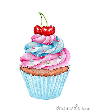 Watercolor cupcake with berries. Sweet for Birthday postcard Greeting card. Dessert for holiday and party. Hand drawn illustration Cartoon Illustration