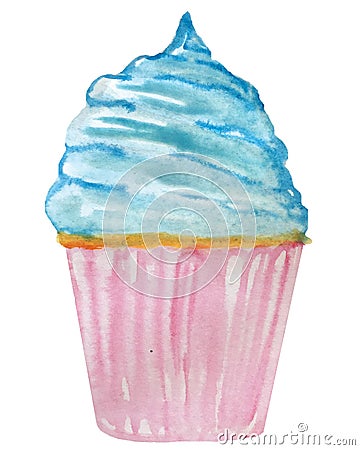 Watercolor cupcake with blue cream. raster illustration for menu design Cartoon Illustration