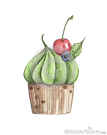 Watercolor cupcake with cherry and blueberry. Cartoon Illustration
