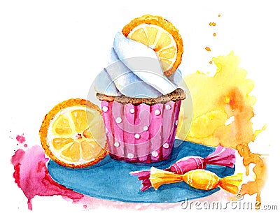 Watercolor cupcake with filling, orange and sweets. Isolated. Easy to use for various menu design, advertisements, cafes Stock Photo