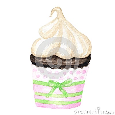 Watercolor cupcake, hand drawn delicious food illustration, cake isolated on white background. Cartoon Illustration