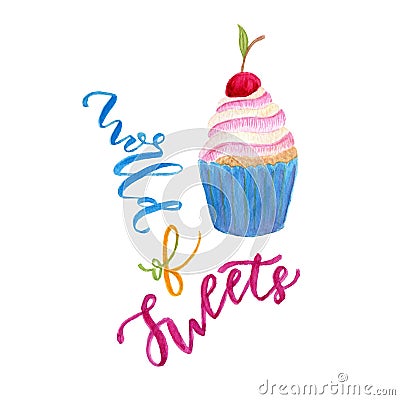 Watercolor cupcake illustration. Sweet art for greeting cards for print Cartoon Illustration