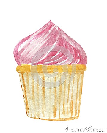 Watercolor cupcake with pink cream. raster illustration for menu design Cartoon Illustration